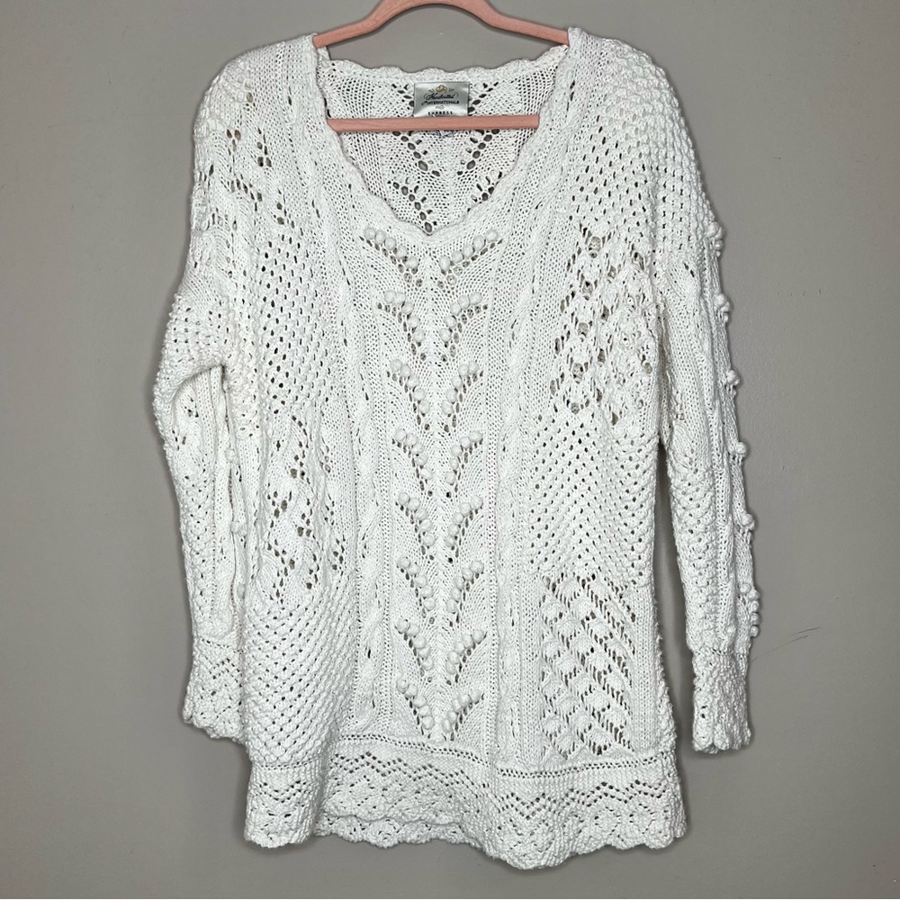 Vintage Grannycore Pom Crochet Scalloped Cottagecore Cotton Sweater Oversized